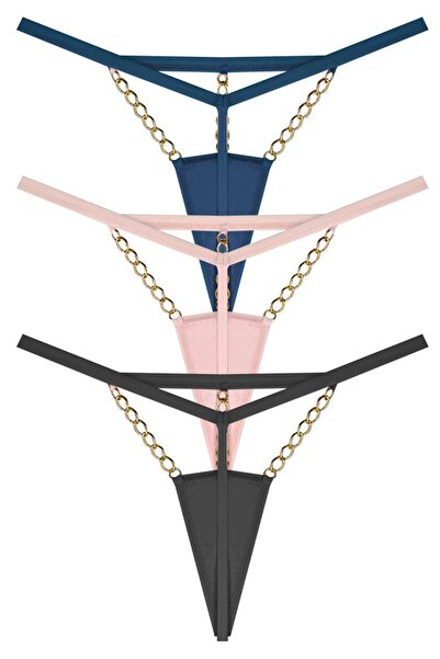 Cottonhill Tulle Chain Detailed Women's String Panties 3-Pack