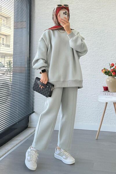 MELEK ARAZ Şalvar Kesim Pantolonlu Oversize Sweat Takım – Gri