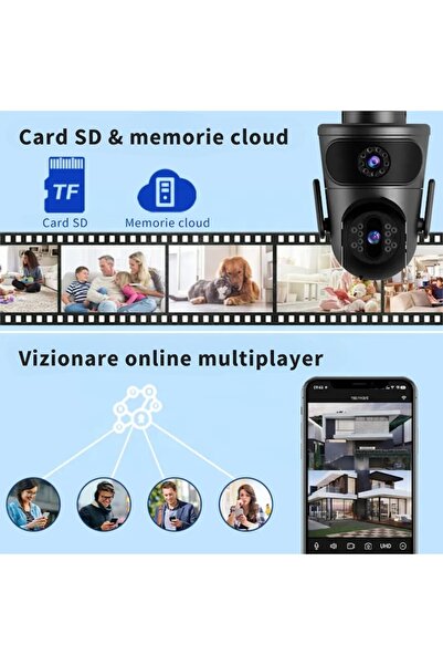 DeVeghe Cameră de supraveghere duală WiFi E20, 8MP Full HD, exterior/interior, zoom 5x + 64GB