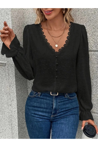 BEFAON Γυναικεία μπλούζα με μακρύ μανίκι και λαιμόκοψη σε σχήμα V με κουμπιά ...