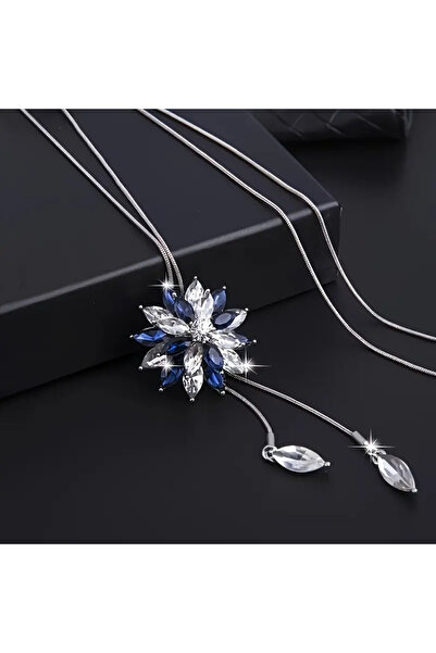 begüm jewelery KAR TANESİ LACİVERT PARLAK KAZAK ÜSTÜ TASARIM ZİNCİR KOLYE