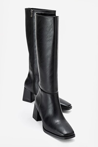 CCWAY AYAKKABI Sade Küt Burunlu Topuklu Kadın Çizme SİYAH CİLT