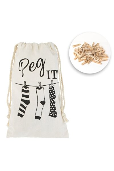 SHOPIENS Set Saculet Textil cu 50 Carlige Lemn, Bej, Dimensiune 17x25cm