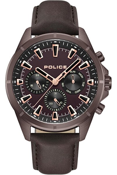 Police ساعة كرونوغراف رجالية بحزام من الجلد الأصلي (بني/بورجوندي)