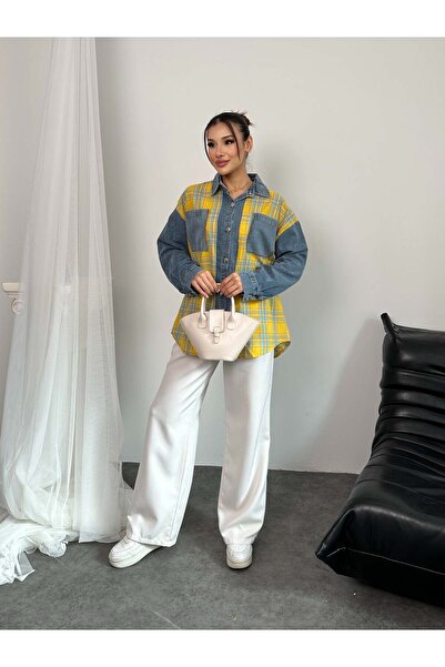 Hatun Atila Kot Detaylı Ekoseli Gömlek 8619 - Sarı