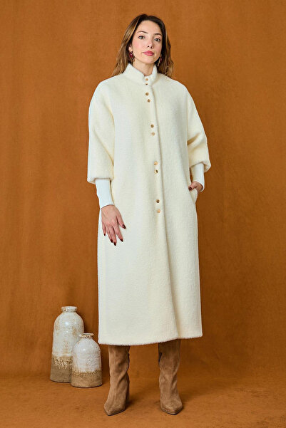 Lale Butik Angora Coat with Snap Detail 15230 Ecru