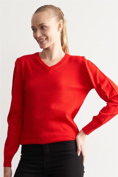 MİYAMİRA Çetinkaya V Yaka Kırmızı Kazak