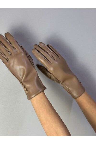 Gönülden Tasarım Button Detail Touchscreen Compatible Finger Synthetic Leather Look Women's Gloves