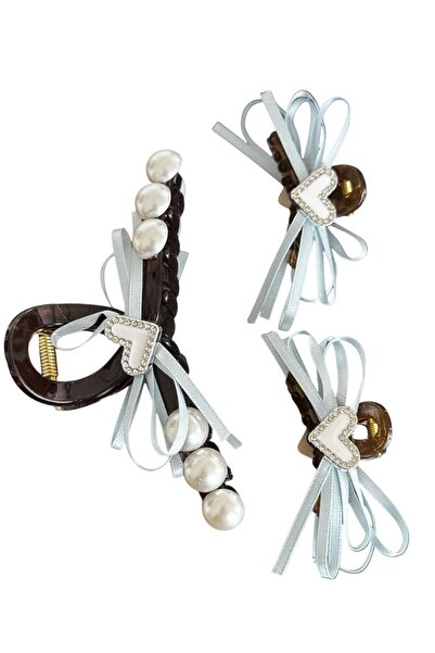 TAKIŞTIR Σετ με 3 κούμπωμα με μανταλάκια με καφέ καρδιά και λεπτομέρεια από πέρλες