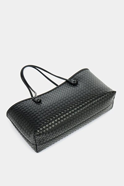 GALB Black Women's Knitted Pattern Pu Leather Hand and Shoulder Bag – Elegant Wide Form