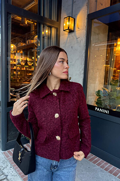 Sue Store Μάλλινο μπουφάν με υφή με αστραγάλο και κουμπιά σε μπορντό χρώμα