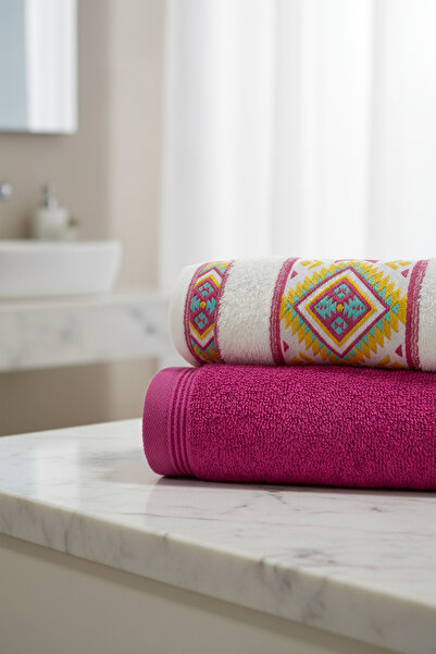 Class 2'li 50x90 cm %100 Pamuklu El ve Yüz Havlu Seti - Kilim Desenli Fuşya / Ekru