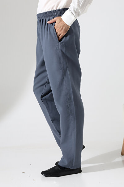 ihvan online Чоловічі еластичні штани з кишенями на поясі для хаджу та умри з мусліну - димчасті (ANS)