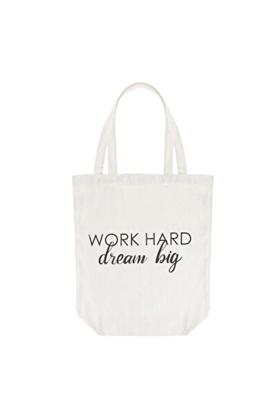 SHOPIENS Geantă textilă - „Work Hard Dream Big”, Ecru, 34x10x40 cm, 100% pânză