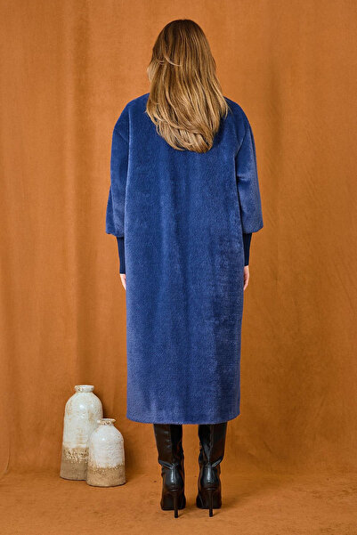 Lale Butik Angora Coat with Snap Detail 15230 Navy Blue
