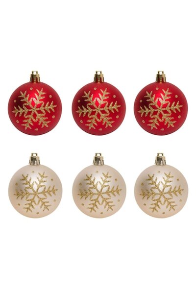 ANTBRO Set Globuri de Crăciun, Fulg de Nea cu Sclipici, Roșu-Bej, 6 cm, 6 Piese