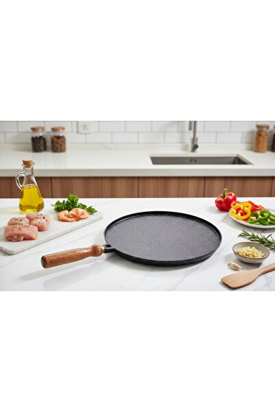 ELDİPA 34 CM Çift Taraflı Alüminyum Döküm Gözleme ,Krep ve Izgara Tavası – Ahşap Saplı, Yanmaz Yapışmaz