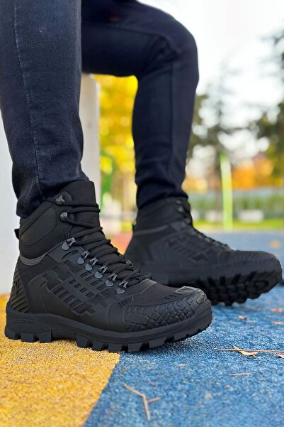 Deri De Luxe Μαύρες ανδρικές μπότες πεζοπορίας για εξωτερικούς χώρους