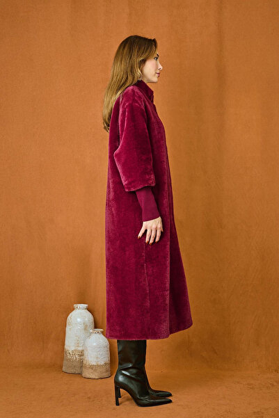 Lale Butik Angora Coat with Snap Detail 15230 Claret Red