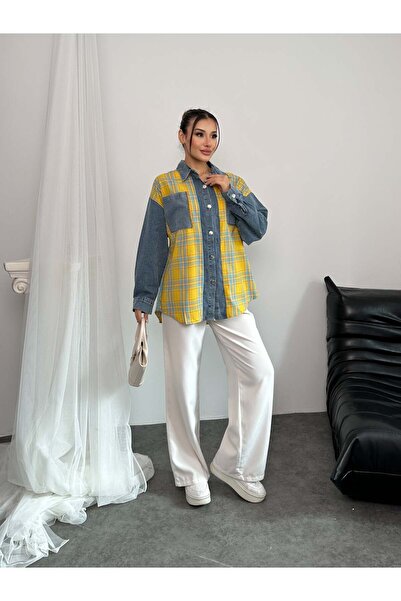 Hatun Atila Kot Detaylı Ekoseli Gömlek 8619 - Sarı