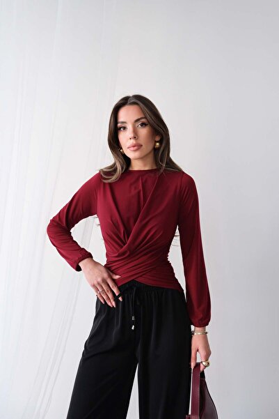 Hatun Atila Μακρυμάνικη μπλούζα με λεπτομέρεια περιτυλίγματος 2000 - Βουργουνδία