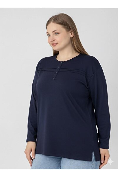 Orly More Viscose Fabric Mini Slit Plus Size Long Sleeve Mother Combed Cotton Blouse with Collar and Button Detail