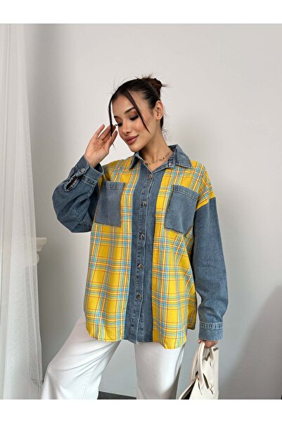 Hatun Atila Kot Detaylı Ekoseli Gömlek 8619 - Sarı