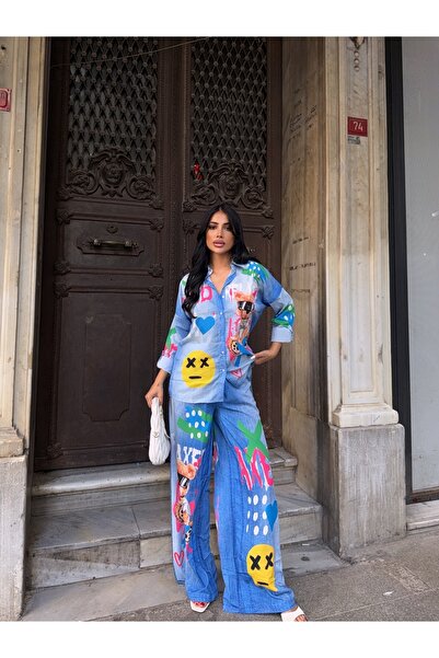 CARLA MARA Printed Jean Effect Shirt Pantalon Set