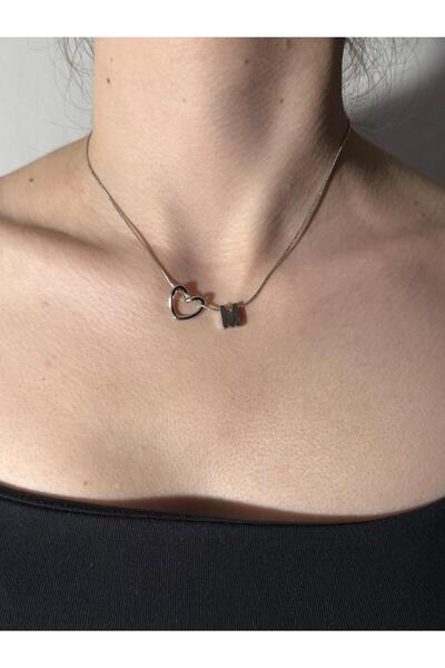 Sirena Accessories Kalp Detaylı Gümüş Kaplama Paslanmaz Çelik Harfli Kolye