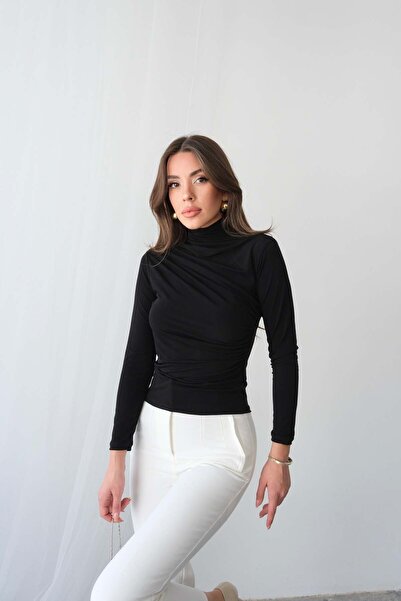 Hatun Atila Μακρυμάνικη μπλούζα με λαιμόκοψη 4145 - Μαύρο