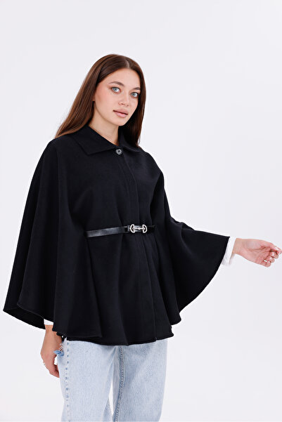 freemen Women's Black Tok Duruşlu Plush Poncho – Warm Winter Outerwear with Buckle Waist Detail