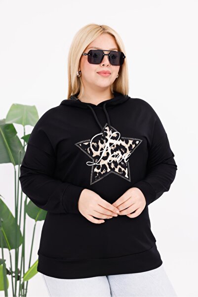 Siyezen Plus Size Star Detailed Hooded Sweatshirt