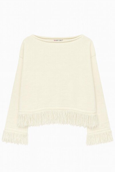 Mixray 6981 Γυναικείο πλεκτό πουλόβερ με λεπτομέρεια με φούντα και λαιμόκοψη σε σχήμα βάρκας, φυσικό