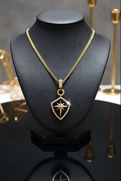 Utku Kuyumculuk 22 AYAR SİYAH MİNELİ KUTUPYILDIZI KALKAN ALTIN KOLYE UCU VE GURMET MODEL ZİNCİR