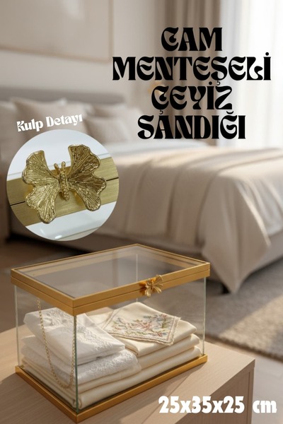 Dantelux Menteşeli Dikdörtgen Cam Sandık (Kelebek Kulp Detaylı) 25x35x25 cm -...