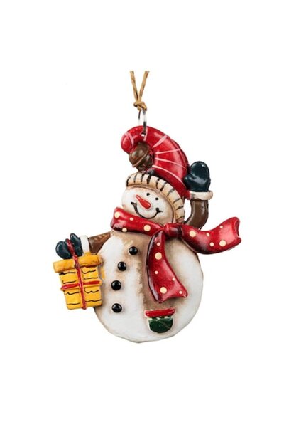 SHOPIENS Ornament de Crăciun din ceramică, om de zăpadă, cu eșarfă roșie, 9 c...
