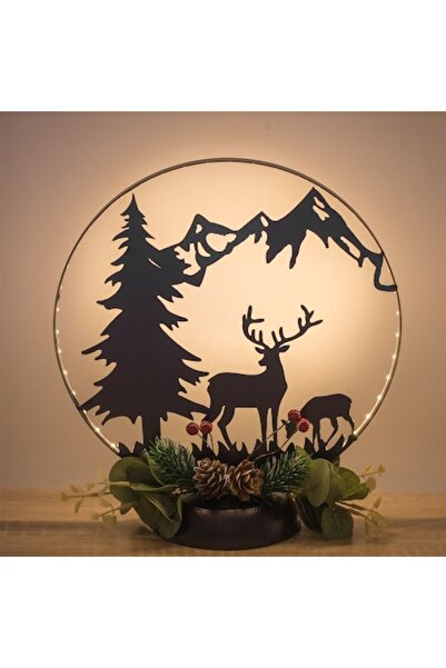 SHOPIENS Коледна метална декоративна украса – рамка с пейзаж с елени и LED, ч...