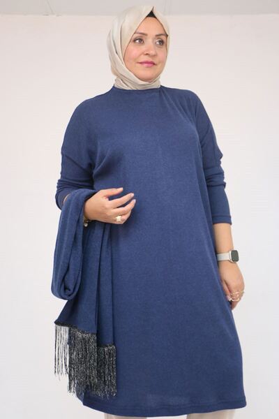 Eslina 58158-1 Plus Size Scarf-Tassel Mir Tunic - Indigo