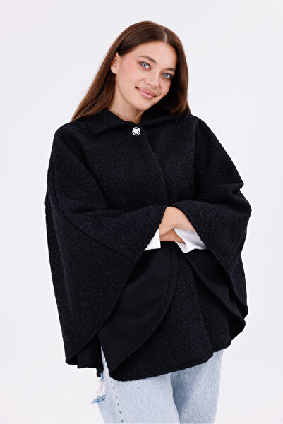 freemen Women's Black Boucle Fabric Buckle Waist Detailed Stylish Poncho – Warm and Trendy Winter Outerwear