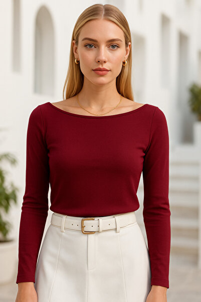 Rich Women's Burgundy Boat Neck Long Sleeve Blouse