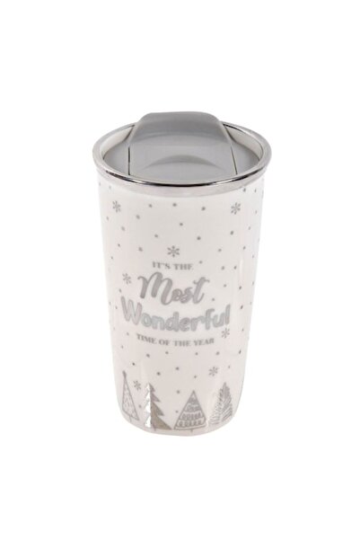 SHOPIENS Cana de Crăciun New Bone - Albă cu brazi argintii și fulgi de zăpadă, 475 ml