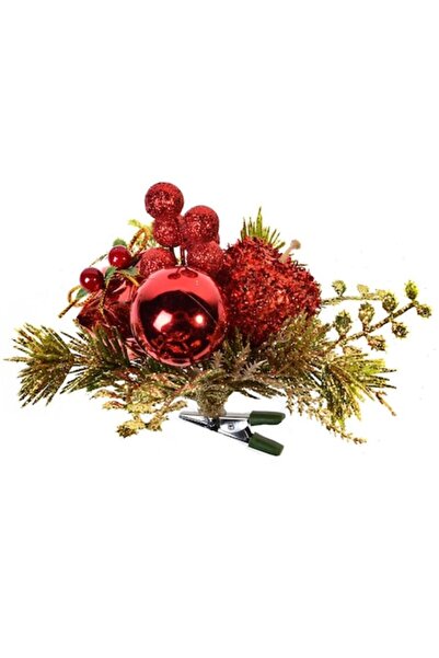 SHOPIENS Ornament de Crăciun - Floare cu clemă, sclipici auriu și măr roșu, 1...