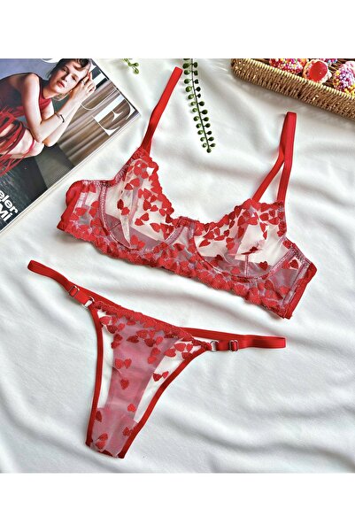 kubotique Red Heart Bra Thong Underwear Set