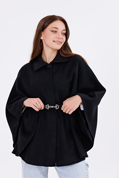 freemen Women's Black Tok Duruşlu Plush Poncho – Warm Winter Outerwear with Buckle Waist Detail
