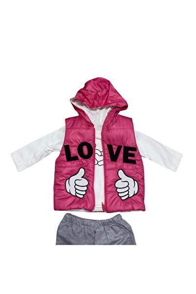 OEM 3-piece pink girl's outfit with "LOVE" vest and gray pants - casual model with Hooded