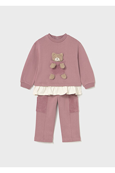 MAYORAL 1-4 Years Old Baby Girl Pink Color Teddy Bear Detailed Sweatshirt and Pants Set