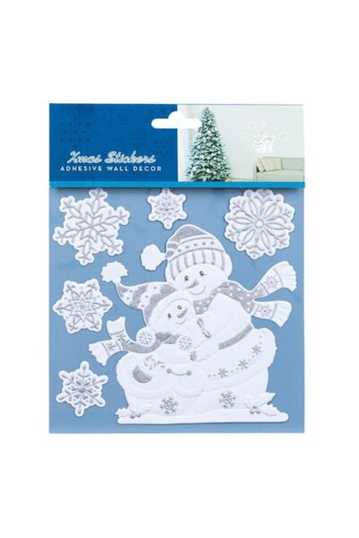 SHOPIENS Autocolant decorativ de Crăciun - Om de zăpadă și fulgi de zăpadă, sclipici argintiu, alb, 18x23cm