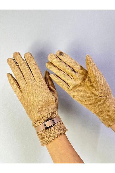 Gönülden Tasarım Cotton Fur and Leather Belt Detail Touchscreen Women's Gloves