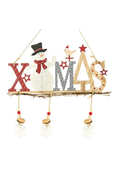 SHOPIENS Decorațiune de Crăciun suspendată din lemn - om de zăpadă „XMAS” 27cm