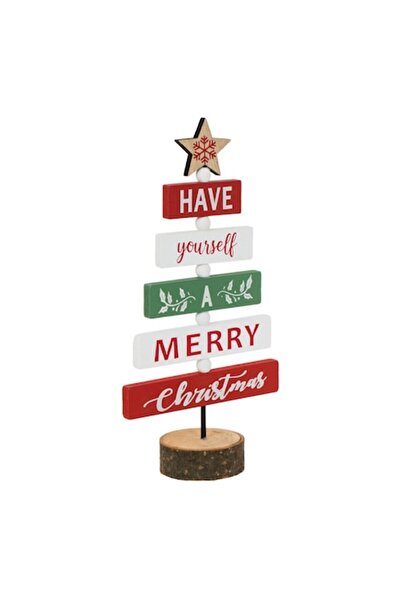 SHOPIENS Decorațiune de Crăciun - Brad de lemn cu bază de butuc, înălțime 26 cm, multicolor